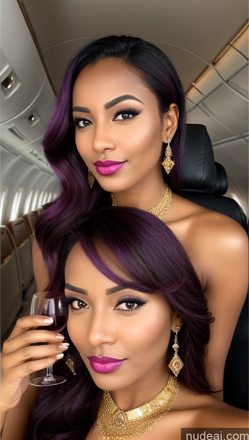 ai nude image of two women with purple hair and gold jewelry are posing for a picture pics of Tanned Skin Dark Skin Two Happy Seductive Shocked Pouting Lips Sexy Face Purple Hair Ethiopian Flight Attendant Gold Jewelry Wine