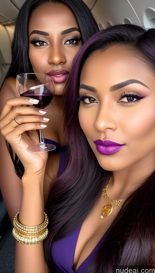 ai nude image of two women with purple lipstick and purple lipstick holding wine glasses pics of Tanned Skin Dark Skin Two Happy Seductive Shocked Pouting Lips Sexy Face Purple Hair Ethiopian Flight Attendant Gold Jewelry Wine Lipstick