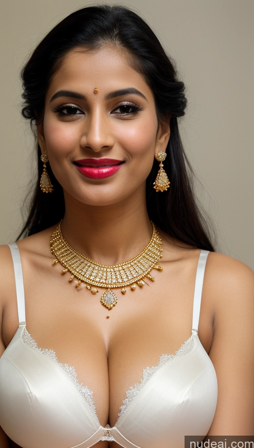 ai nude image of araffed woman in a white bra with a necklace and earrings pics of Woman Huge Boobs Beautiful Lipstick Big Ass Fairer Skin 50s Happy Seductive Sexy Face Black Hair Indian Skin Detail (beta) Snow Close-up View Push-up Bra Sari Traditional Jewelry Gold Jewelry Bright Lighting