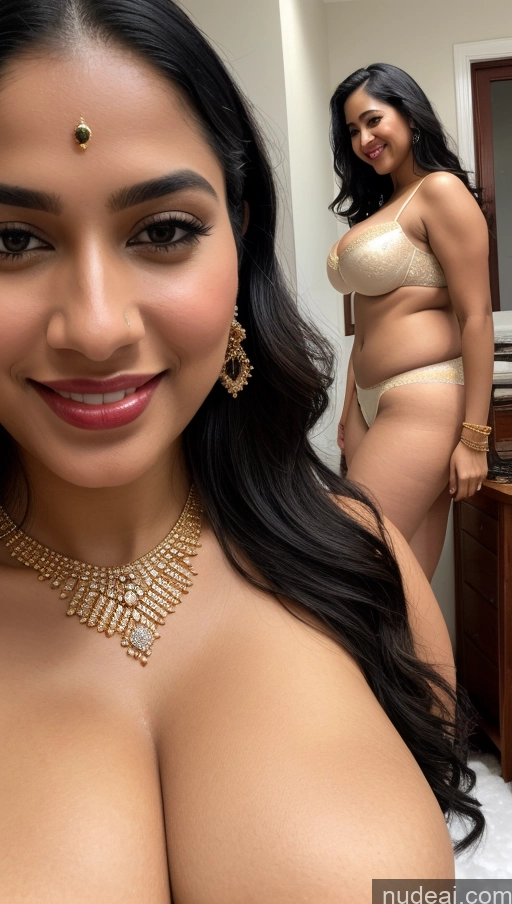 ai nude image of there is a woman in a gold bra top posing for a picture pics of Woman Huge Boobs Beautiful Lipstick Big Ass Fairer Skin 50s Happy Seductive Sexy Face Black Hair Indian Skin Detail (beta) Snow Close-up View Push-up Bra Sari Traditional Jewelry Gold Jewelry Bright Lighting