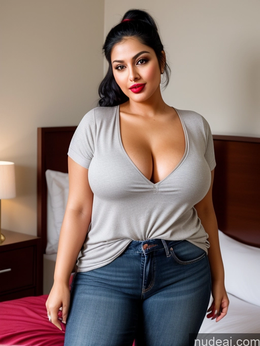 ai nude image of araffe woman in a gray shirt and jeans posing on a bed pics of Woman One Perfect Boobs Beautiful Lipstick Big Ass Chubby Long Legs Perfect Body 30s Seductive Happy Pouting Lips Black Hair Ponytail Indian Bedroom Front View Shirt Cleavage Jeans