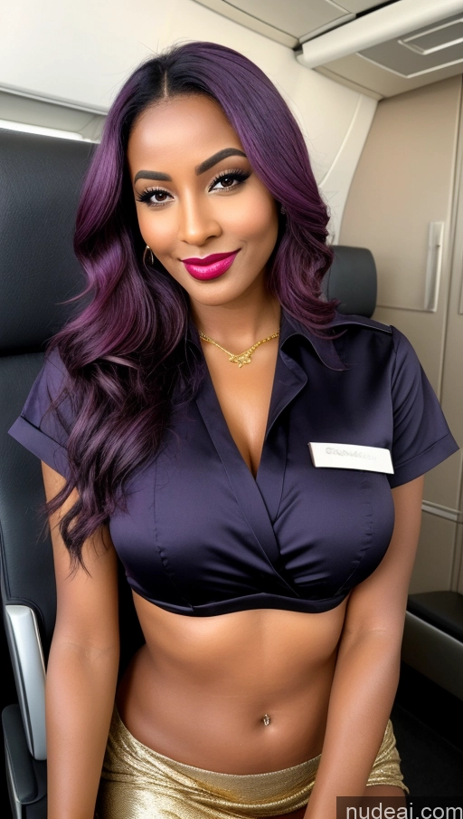 ai nude image of arafed woman with purple hair and a black shirt sitting in a plane pics of Tanned Skin Dark Skin Two Happy Seductive Shocked Pouting Lips Sexy Face Purple Hair Ethiopian Flight Attendant Gold Jewelry Wine Lipstick Oiled Body