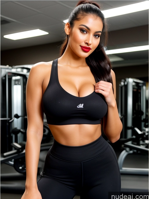 ai nude image of arafed woman in a black sports bra top posing for a picture pics of Model One Perfect Boobs Beautiful Lipstick Big Ass Chubby Long Legs Perfect Body Happy Seductive Laughing Pouting Lips Indian Front View Yoga Pants Polo 30s Black Hair Ponytail Gym Dark Lighting Simple Detailed