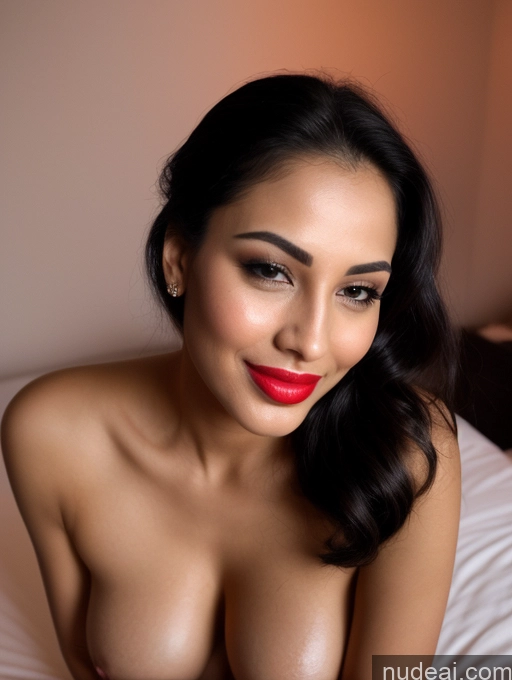 ai nude image of arafed woman with red lipstick posing on a bed pics of Perfect Boobs Beautiful Lipstick Big Ass Chubby Long Legs Perfect Body Happy Seductive Laughing Pouting Lips Indian Front View 30s Black Hair Ponytail Dark Lighting Simple Detailed Nude Woman + Man Two Bedroom Cumshot