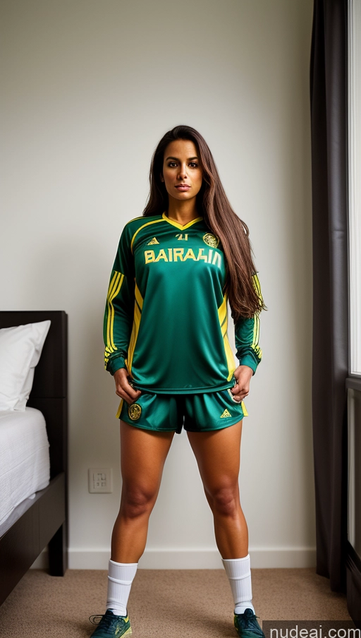 ai nude image of arafed woman in a green and yellow soccer uniform posing for a picture pics of Woman One Small Tits Big Ass 30s Brunette Long Hair Brazilian Front View Serious Bedroom Soccer