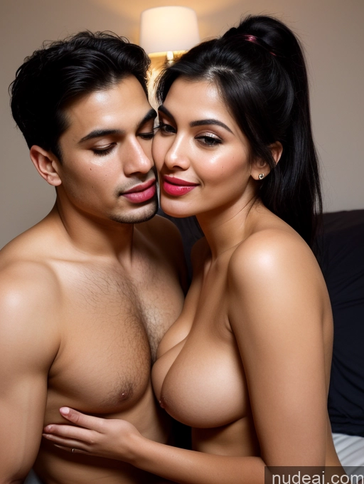 ai nude image of there are two women that are kissing each other on the bed pics of Perfect Boobs Beautiful Big Ass Chubby Long Legs Perfect Body Happy Seductive Laughing Pouting Lips Indian Front View 30s Black Hair Ponytail Dark Lighting Simple Detailed Nude Woman + Man Two Bedroom Cumshot