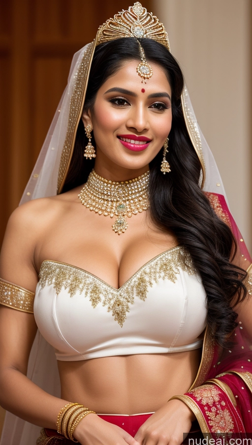 ai nude image of araffed woman in a white and red outfit with a gold necklace and a red and white veil pics of Huge Boobs Beautiful Lipstick Big Ass Fairer Skin 50s Happy Seductive Sexy Face Black Hair Indian Skin Detail (beta) Snow Close-up View Traditional Wedding Jewelry Gold Jewelry Bright Lighting Sari Miss Universe Model