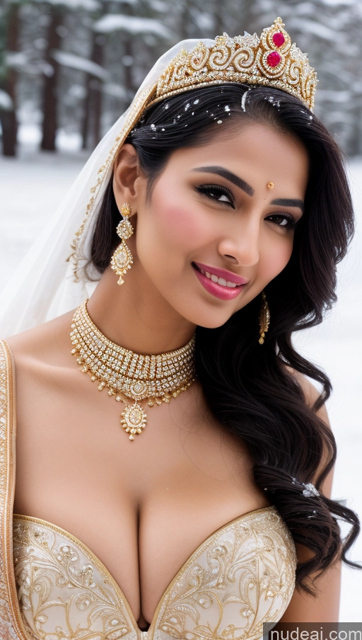 ai nude image of a close up of a woman wearing a wedding dress and a tiable pics of Huge Boobs Beautiful Lipstick Big Ass Fairer Skin 50s Happy Seductive Sexy Face Black Hair Indian Skin Detail (beta) Snow Close-up View Traditional Wedding Jewelry Gold Jewelry Bright Lighting Sari Miss Universe Model Push-up Bra