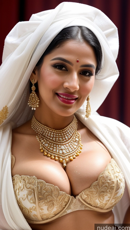 ai nude image of araffe woman in a white and gold outfit with a big breast pics of Huge Boobs Beautiful Lipstick Big Ass Fairer Skin 50s Happy Seductive Sexy Face Black Hair Indian Skin Detail (beta) Snow Close-up View Traditional Wedding Jewelry Gold Jewelry Bright Lighting Sari Miss Universe Model Push-up Bra