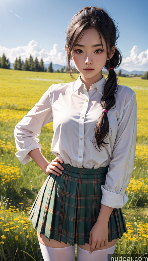 ai nude image of arafed asian woman in a skirt and shirt posing in a field pics of Lingerie Model One Small Tits Beautiful Small Ass Skinny Thick Chubby Fat Short Tall 18 Serious Pigtails Japanese Meadow Front View Bright Lighting T-pose Blouse Kilt Mini Skirt Pantyhose