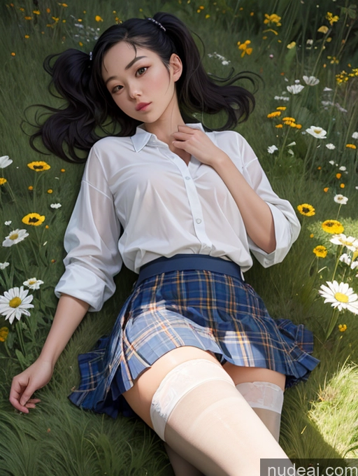 ai nude image of there is a woman laying on the grass in a skirt pics of Lingerie Model One Small Tits Beautiful Small Ass Skinny Thick Chubby Fat Short Tall 18 Serious Pigtails Japanese Meadow Front View Blouse Kilt Mini Skirt Pantyhose Bright Lighting Transparent On Back