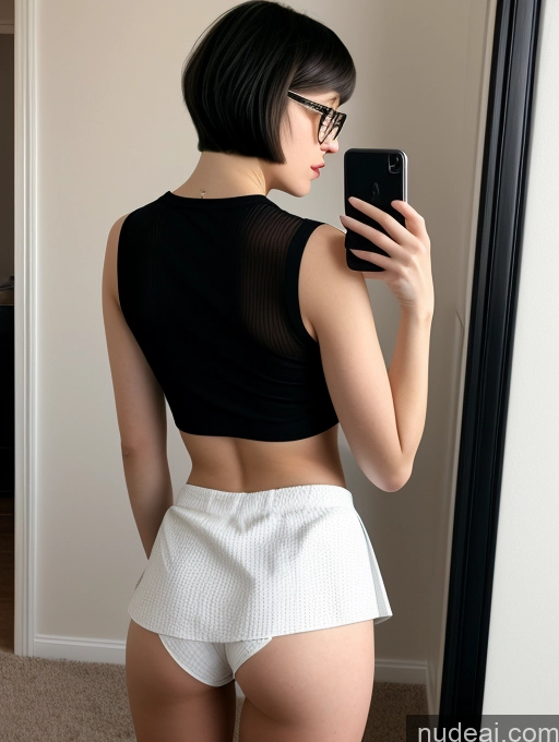 ai nude image of araffed woman in a black top and white shorts taking a selfie pics of 18 Glasses Small Ass Short Fairer Skin Ahegao Woman One Black Hair Short Hair White Mirror Selfie Bedroom Back View Bending Over Crop Top Fishnet Micro Skirt Beer