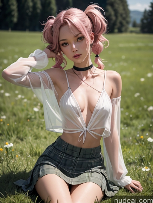 ai nude image of there is a woman sitting on the grass in a field pics of Lingerie Model One Small Tits Beautiful Small Ass Skinny Short Tall 18 Pigtails Japanese Meadow Front View On Back Blouse Choker Kilt Mini Skirt Partially Nude Transparent Pink Hair Dark Lighting