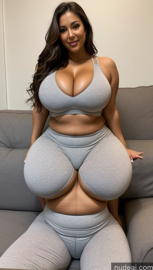 ai nude image of araffe woman in a gray bra top and grey pants sitting on a couch pics of Huge Boobs Big Ass Thick Chubby Big Hips Pubic Hair Tanned Skin Oiled Body 40s Seductive Brunette Long Hair Asian Front View Bright Lighting Detailed Couch Cleavage Eating Yoga Pants Sports Bra