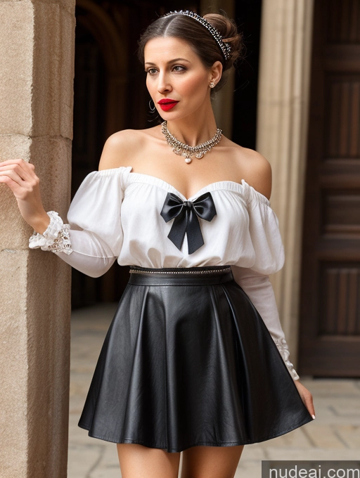 ai nude image of there is a woman in a white blouse and black skirt posing pics of Lipstick Skinny Short 50s Shocked Black Hair Ponytail Jewish Dress Medieval Mini Skirt Bows Pearl Jewelry Woman Leather