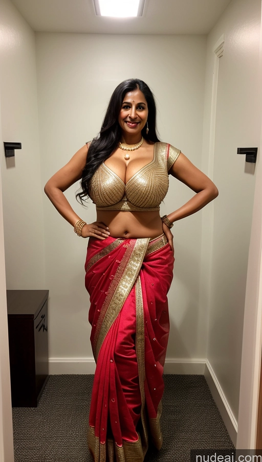 ai nude image of araffe woman in a red sari posing for a picture pics of Busty Tall 50s Sexy Face Front View Milf Big Hips Long Hair T-pose Indian Sari Dark Skin Beautiful Pearl Jewelry Changing Room Huge Boobs Thick Black Hair Happy