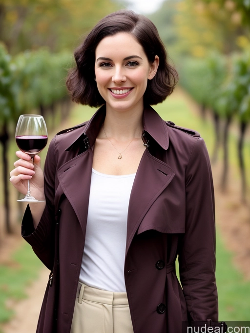 ai nude image of woman holding a glass of wine in a vineyard with trees in the background pics of Woman Fairer Skin Pubic Hair Small Tits Happy 20s Tall Pixie Black Hair White Wine Trench Coat