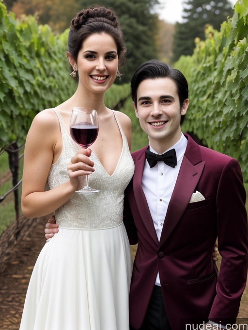 ai nude image of bride and groom posing for a photo in a vineyard with a glass of wine pics of Fairer Skin Pubic Hair Small Tits Happy 20s Tall Pixie Black Hair White Wine Vampire Woman + Man