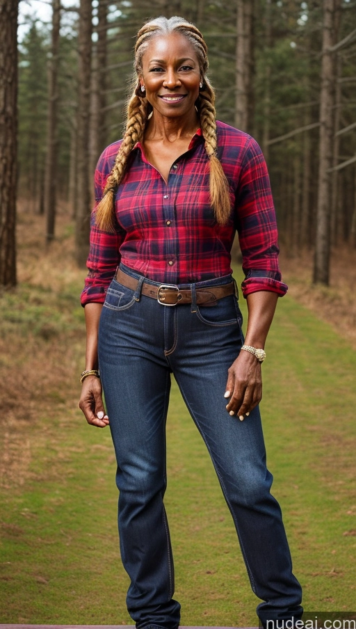 ai nude image of woman in plaid shirt and jeans standing on a skateboard in a wooded area pics of Muscular Abs Dark Skin Thick Braided Ginger 80s Lumberjack Jeans