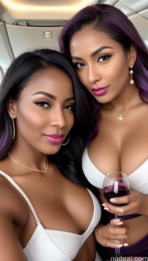 ai nude image of two women in white bra tops holding wine glasses in front of a plane pics of Two Tanned Skin Dark Skin Happy Seductive Shocked Pouting Lips Sexy Face Purple Hair Ethiopian Flight Attendant High Heels Pearl Jewelry Wine