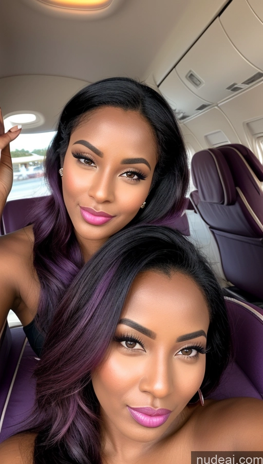 ai nude image of two women sitting in a car with purple hair and pink lipstick pics of Two Tanned Skin Dark Skin Happy Seductive Shocked Pouting Lips Sexy Face Purple Hair Ethiopian Flight Attendant High Heels Pearl Jewelry Wine