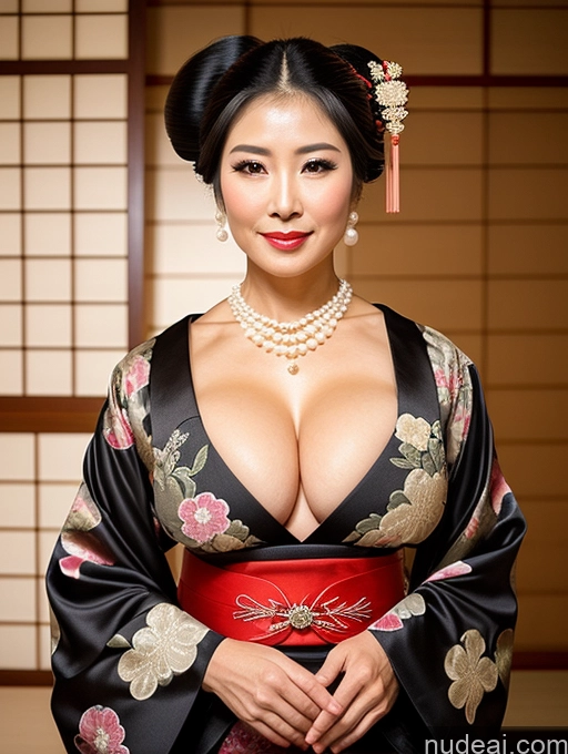 ai nude image of araffe asian woman in a kimono dress posing for a picture pics of Busty Perfect Boobs Perfect Body Big Hips Sexy Face Black Hair Japanese Onsen Kimono Pearl Jewelry Jewelry Ponytail Cleavage Geisha 60s