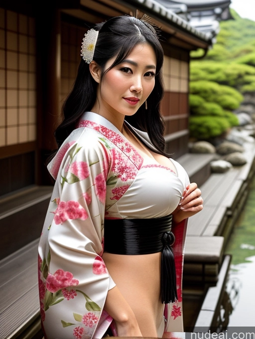 ai nude image of araffe asian woman in kimono posing for a picture by a pond pics of Busty Perfect Boobs Perfect Body Big Hips Sexy Face Black Hair Japanese Onsen Kimono Pearl Jewelry Jewelry Cleavage Geisha Oiled Body 30s