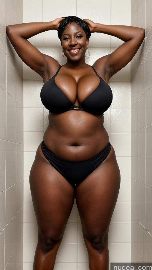 ai nude image of there is a woman in a black bikini posing in a shower pics of Busty Big Ass 50s Sexy Face Thick Big Hips Abs Dark Skin African Perfect Body Beautiful Huge Boobs Happy Bikini Tattoos Dark Lighting Bobcut Long Legs T-pose White Hair Milf Shower