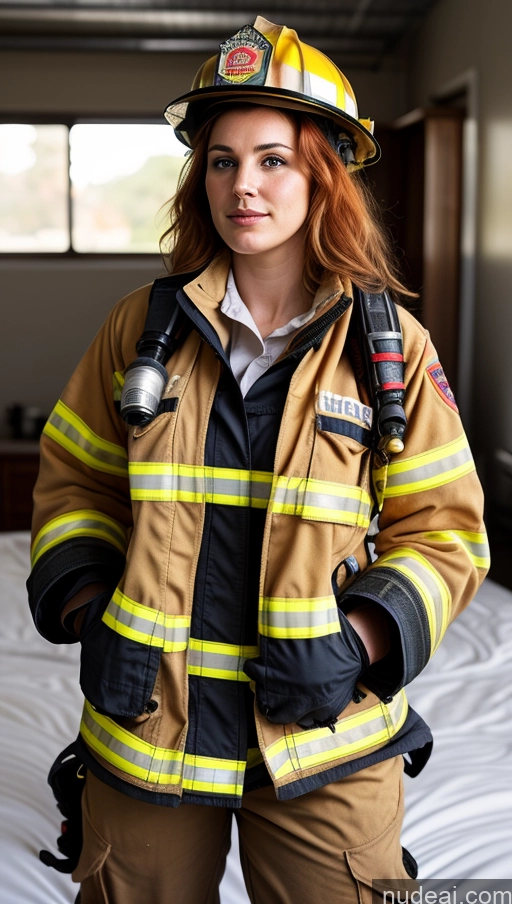 ai nude image of arafed woman in a firefighter's uniform standing on a bed pics of Busty Beautiful Big Ass Thick Perfect Body Seductive Detailed Messy Front View 18 Firefighter Ginger