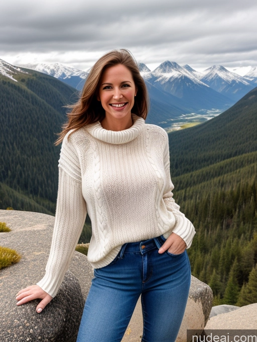 ai nude image of arafed woman in a white sweater and jeans standing on a rock pics of 40s Long Hair Swedish Mountains Front View One Jeans Happy Model Perfect Boobs Fairer Skin Sweater Boots Brunette