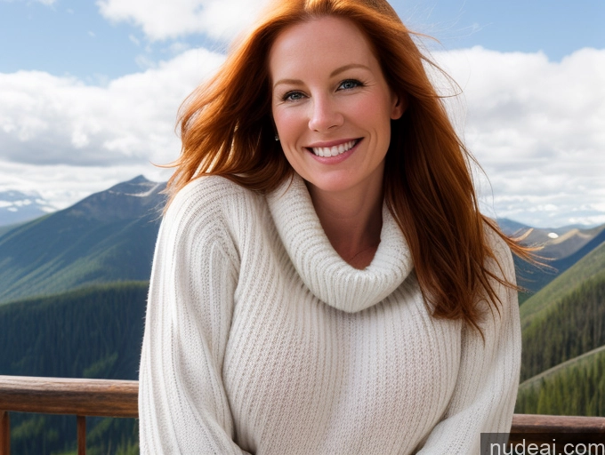 ai nude image of smiling woman in white sweater sitting on a wooden deck with mountains in the background pics of 40s Long Hair Mountains Front View One Jeans Happy Model Perfect Boobs Fairer Skin Sweater Boots Ginger Swedish