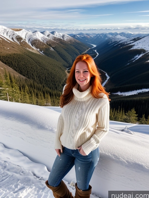 ai nude image of arafed woman standing on a snowy mountain with a view of a valley pics of 40s Long Hair Front View One Jeans Happy Model Perfect Boobs Fairer Skin Sweater Boots Ginger Swedish Mountains