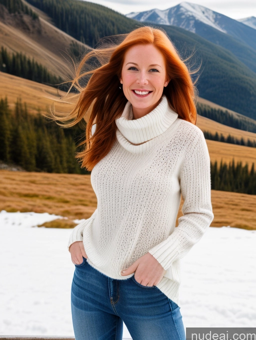 ai nude image of smiling woman in white sweater and jeans standing in snow with mountains in background pics of 40s Long Hair Front View One Jeans Happy Model Perfect Boobs Fairer Skin Sweater Boots Ginger Swedish Mountains