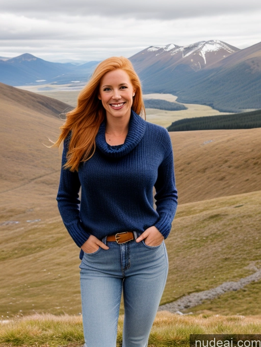 ai nude image of smiling woman in blue sweater and jeans standing on grassy hill pics of 40s Long Hair Front View One Happy Model Perfect Boobs Fairer Skin Mountains Jeans Boots Blonde Sweater Irish