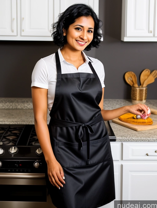 ai nude image of smiling woman in black apron standing in kitchen with cutting board pics of Short 20s Black Hair Indian Cooking Apron