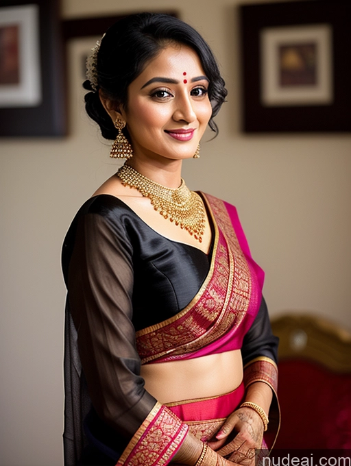 ai nude image of arafed woman in a black and pink sari posing for a picture pics of Short 20s Black Hair Indian Wedding Sari