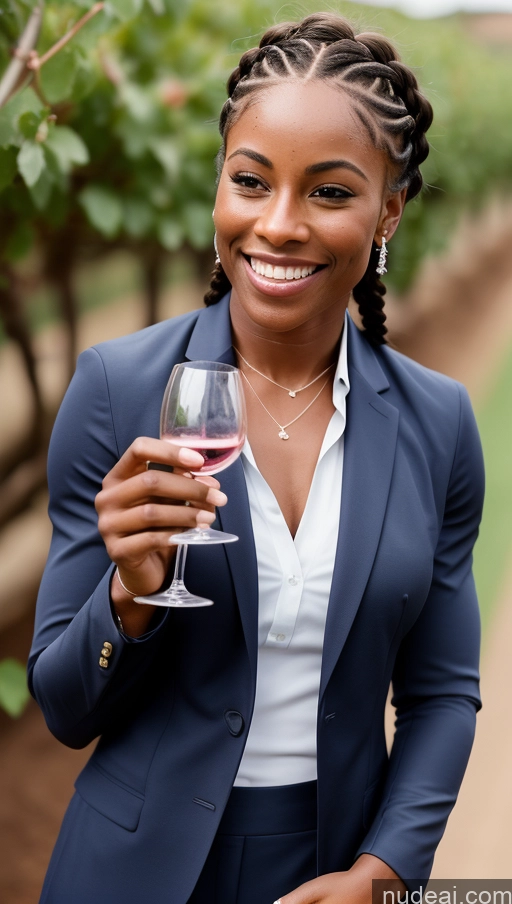 ai nude image of smiling woman in blue suit holding a glass of wine in a vineyard pics of Muscular Abs Athlete Suit Wedding Braided Happy Wine Dark Skin Small Tits Side View