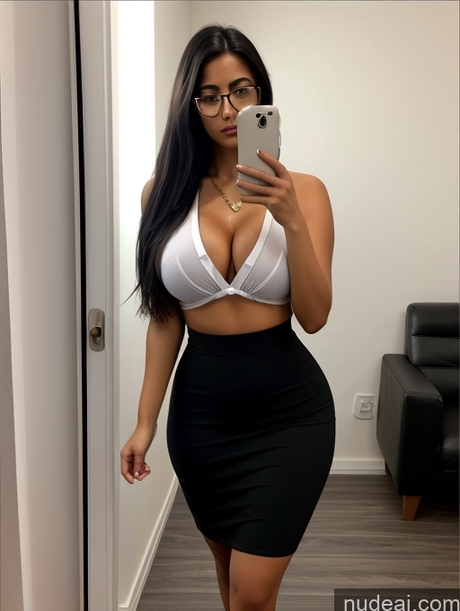 ai nude image of araffe woman in a white bra top and black skirt taking a selfie pics of Woman One Busty Glasses Big Ass Short Tanned Skin 20s Black Hair Straight Arabic Mirror Selfie Front View Bright Lighting Serious Secretary