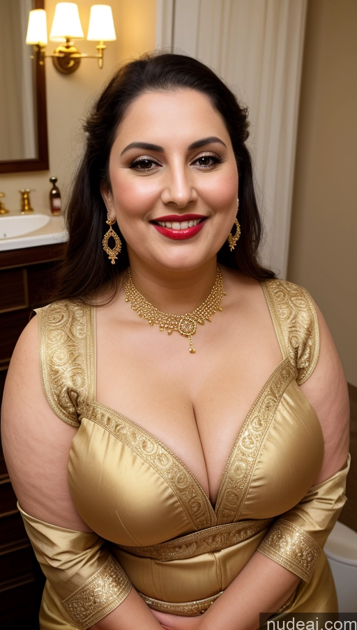 ai nude image of there is a woman in a gold dress posing for a picture pics of Milf Busty Beautiful Lipstick Thick Chubby Big Hips Fat Fairer Skin Happy Seductive Brunette Long Hair Russian Bathroom Front View Straddling Sari Blouse Dirndl Victorian Cleavage Gold Jewelry