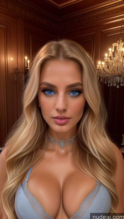 ai nude image of blond woman with blue eyes and a blue bra top posing for a picture pics of Lingerie Model Busty Perfect Boobs Beautiful Skinny Abs Perfect Body Long Hair Fairer Skin Oiled Body Blonde Dutch 3d Choker Lingerie Stylish Victorian Diamond Jewelry Bright Lighting Dutch Doll Likeness Elemental Series - Ice Deep Blue Eyes Victorian Parlor Front Facing Full Body