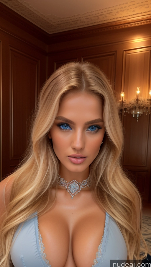 ai nude image of arafed woman with blue eyes and a necklace on her neck pics of Busty Perfect Boobs Beautiful Skinny Abs Perfect Body Long Hair Fairer Skin Oiled Body Blonde Dutch 3d Choker Lingerie Stylish Victorian Diamond Jewelry Bright Lighting Dutch Doll Likeness Elemental Series - Ice Deep Blue Eyes Victorian Parlor Front Facing Full Body Miss Universe Model