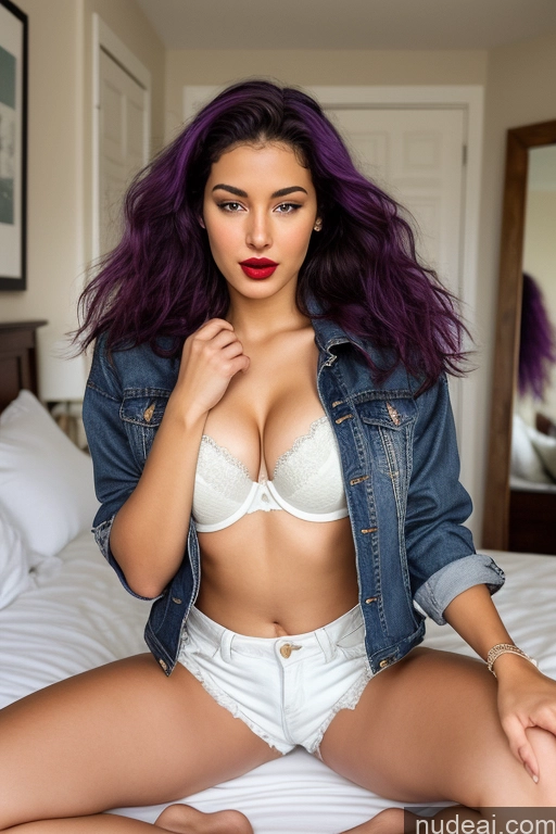 ai nude image of arafed woman with purple hair and a denim jacket sitting on a bed pics of Woman Small Tits Lipstick Big Ass Big Hips Long Legs 18 Orgasm Purple Hair Messy White Bedroom Daisy Dukes Jacket Push-up Bra