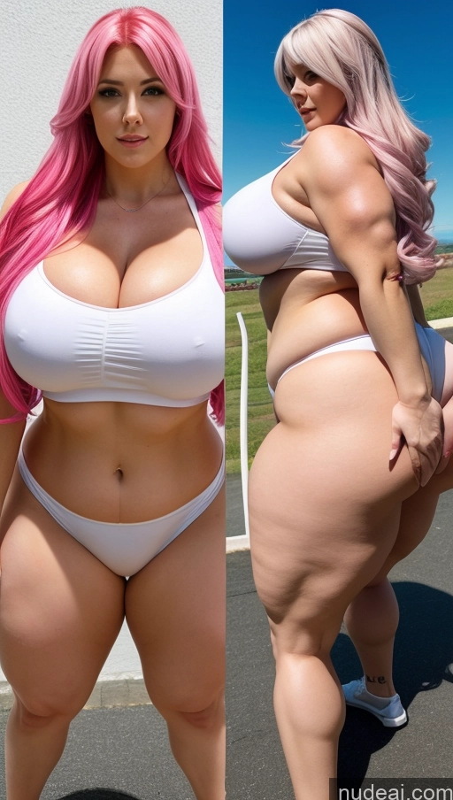 ai nude image of two pictures of a woman with pink hair and a white bikini pics of Huge Boobs Big Ass Abs Chubby Fairer Skin Muscular Long Hair Cosplay