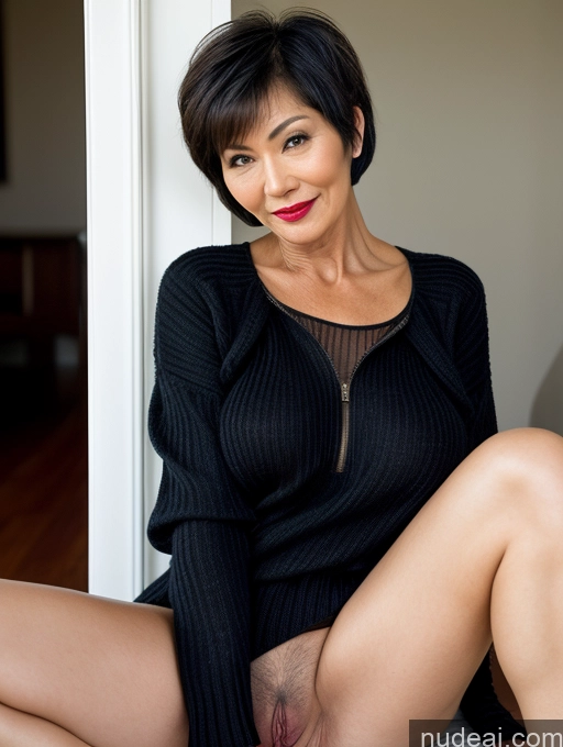 ai nude image of there is a woman sitting on a bed with a black sweater pics of Milf Perfect Boobs Lipstick Pubic Hair Sexy Face Short Hair Asian Spreading Legs Sweater Topless Dark Lighting Detailed 60s