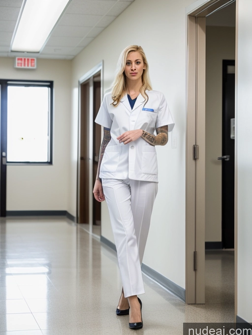 ai nude image of blond woman in white uniform walking down a hallway in a hospital pics of Woman Fairer Skin Long Hair Small Tits Small Ass Tattoos Blonde Front View White Tall Long Legs 30s Doctor Hospital