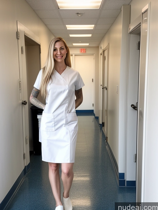 ai nude image of arafed woman in a white dress and white shoes standing in a hallway pics of Woman Fairer Skin Long Hair Small Tits Small Ass Tattoos Blonde Front View White Tall Long Legs 30s Hospital Nurse