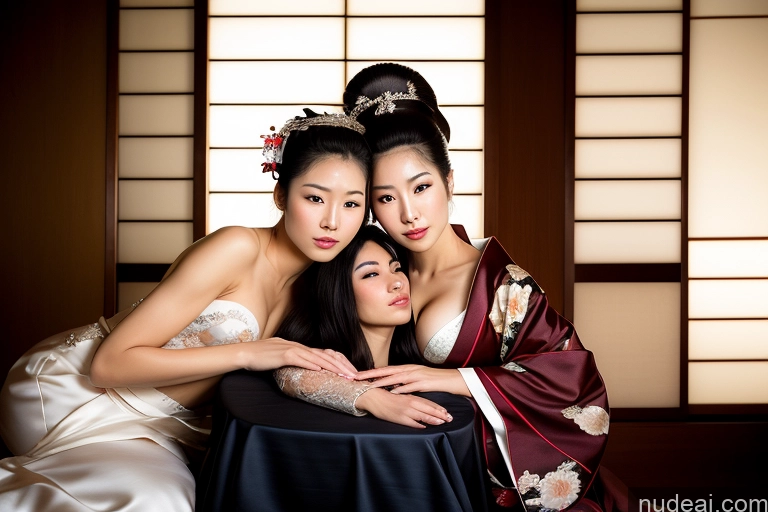 ai nude image of there are three women in kimono robes posing for a picture pics of Woman Small Tits Beautiful Short Perfect Body 18 Serious Japanese Skin Detail (beta) Geisha Kimono Cleavage Dark Lighting Detailed