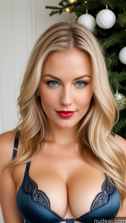 ai nude image of blond woman in blue bralet posing in front of christmas tree pics of Busty Perfect Boobs Beautiful Lipstick Perfect Body 20s Seductive Scandinavian Push-up Bra