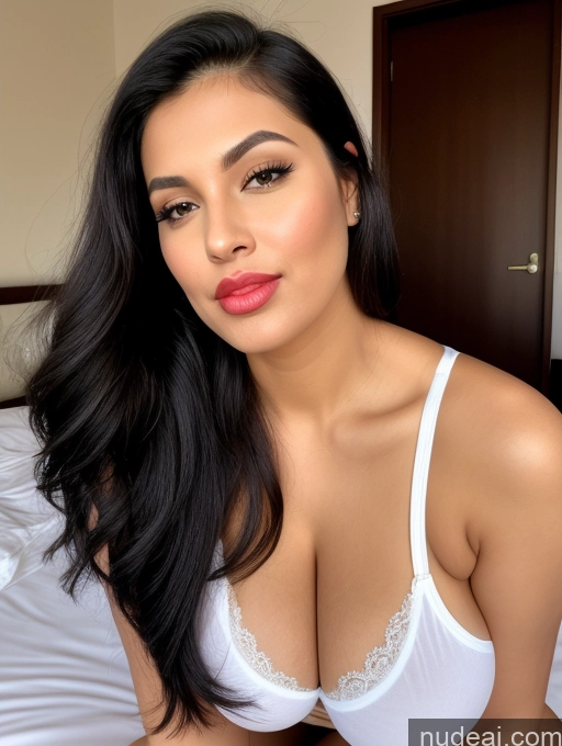 ai nude image of araffed woman in white bra top sitting on bed with pink lipstick pics of One Big Ass Indian Bright Lighting Perfect Boobs Beautiful Chubby Long Legs Perfect Body 30s Seductive Happy Black Hair Ponytail Bedroom Alternative Shirt Sexy Face Model Orgasm Pouting Lips Polo Spreading Legs Cleavage Military