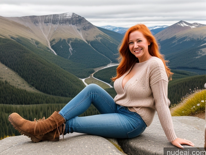 ai nude image of arafed woman sitting on a rock with a view of a valley pics of Model One Perfect Boobs 40s Happy Blonde Long Hair Irish Mountains Front View Jeans Boots Sweater